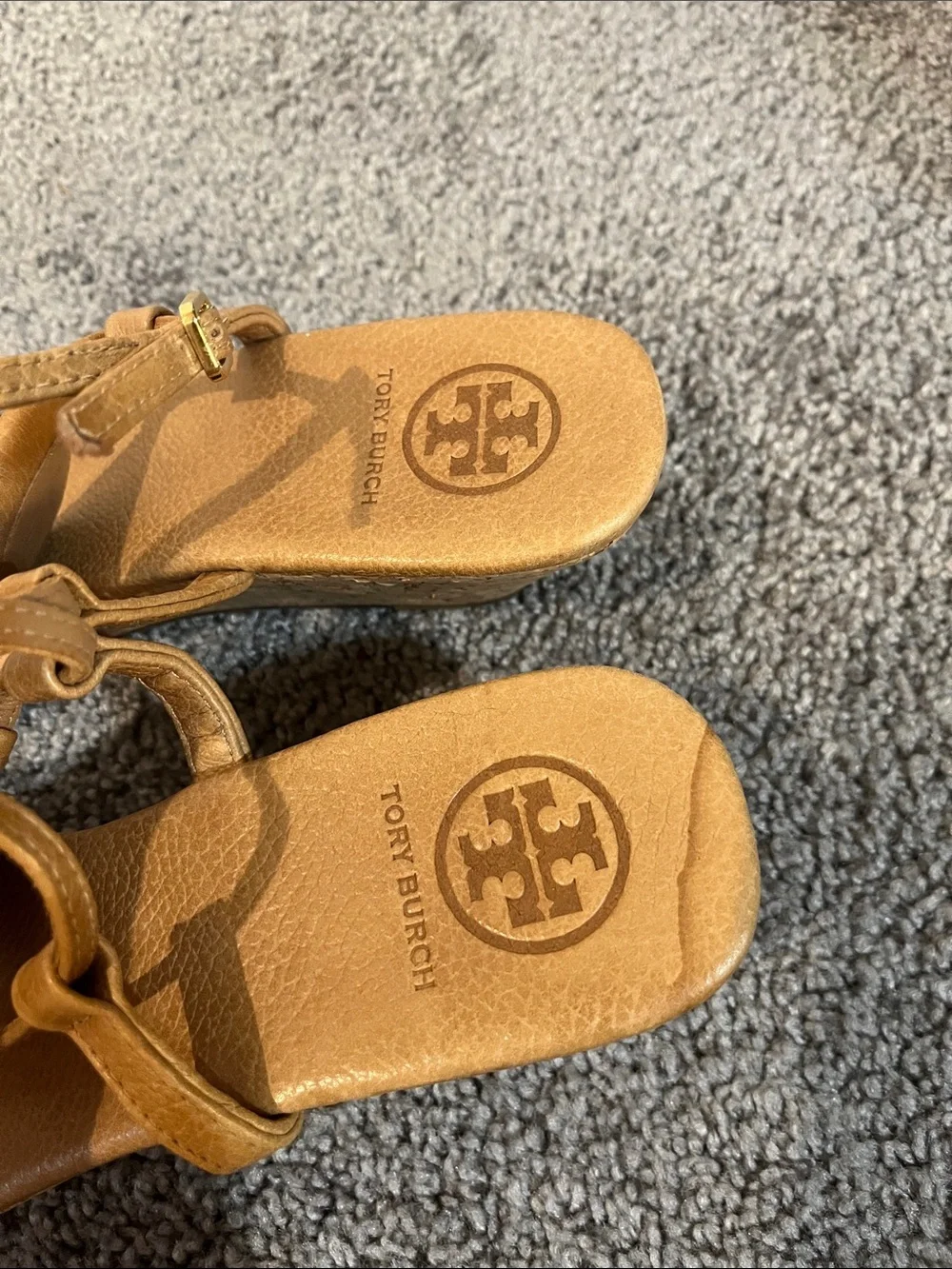 Tory Burch tan leather wedge sandals